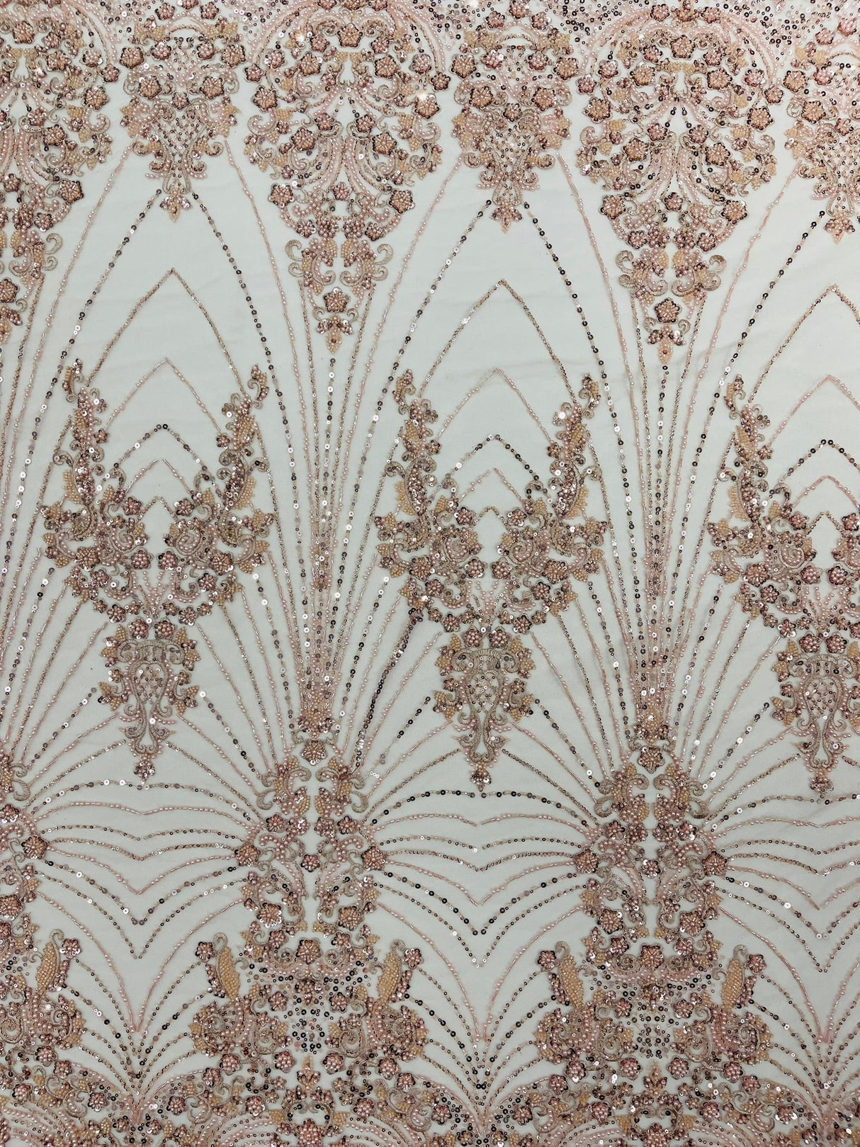 Royalty Damask Beaded Lace Fabric - Damask Pattern, Beaded Mesh, 54" Width (1 Yard)