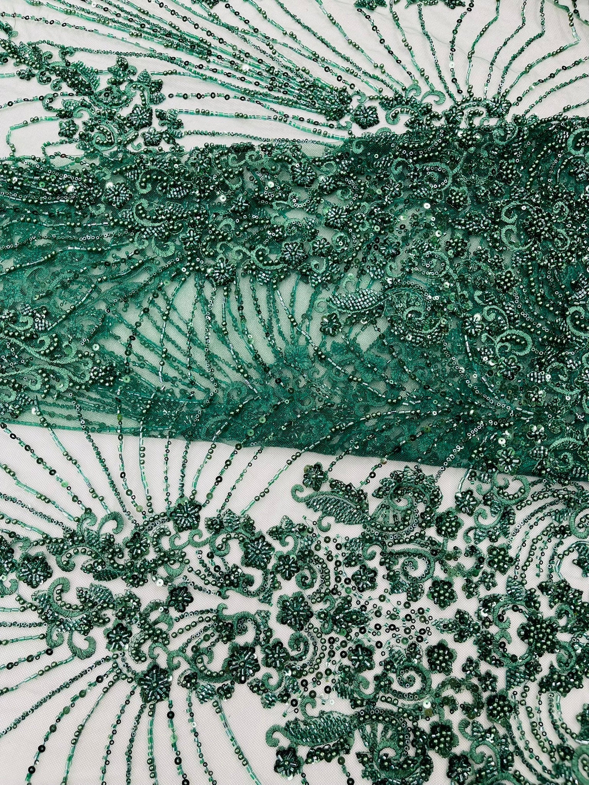 Royalty Damask Beaded Lace Fabric - Damask Pattern, Beaded Mesh, 54" Width (1 Yard)