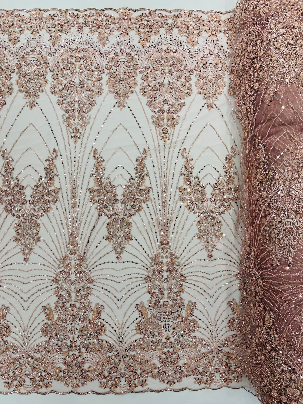 Royalty Damask Beaded Lace Fabric - Damask Pattern, Beaded Mesh, 54" Width (1 Yard)