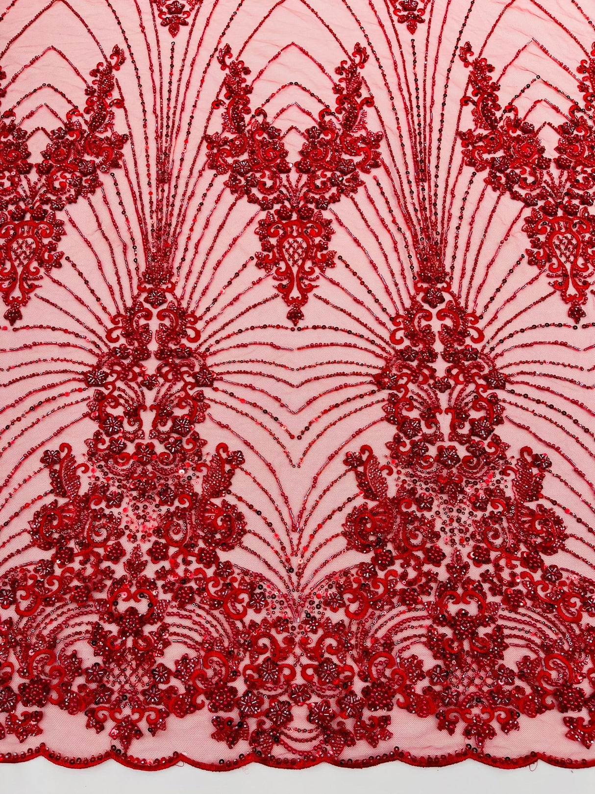 Royalty Damask Beaded Lace Fabric - Damask Pattern, Beaded Mesh, 54" Width (1 Yard)