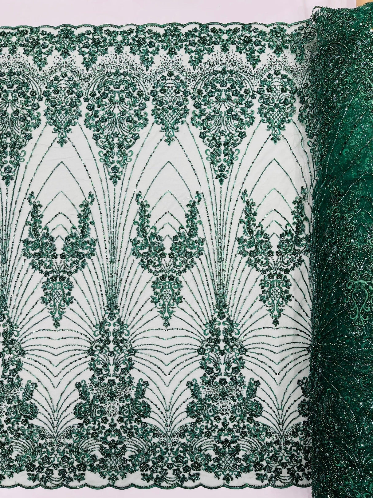 Royalty Damask Beaded Lace Fabric - Damask Pattern, Beaded Mesh, 54" Width (1 Yard)