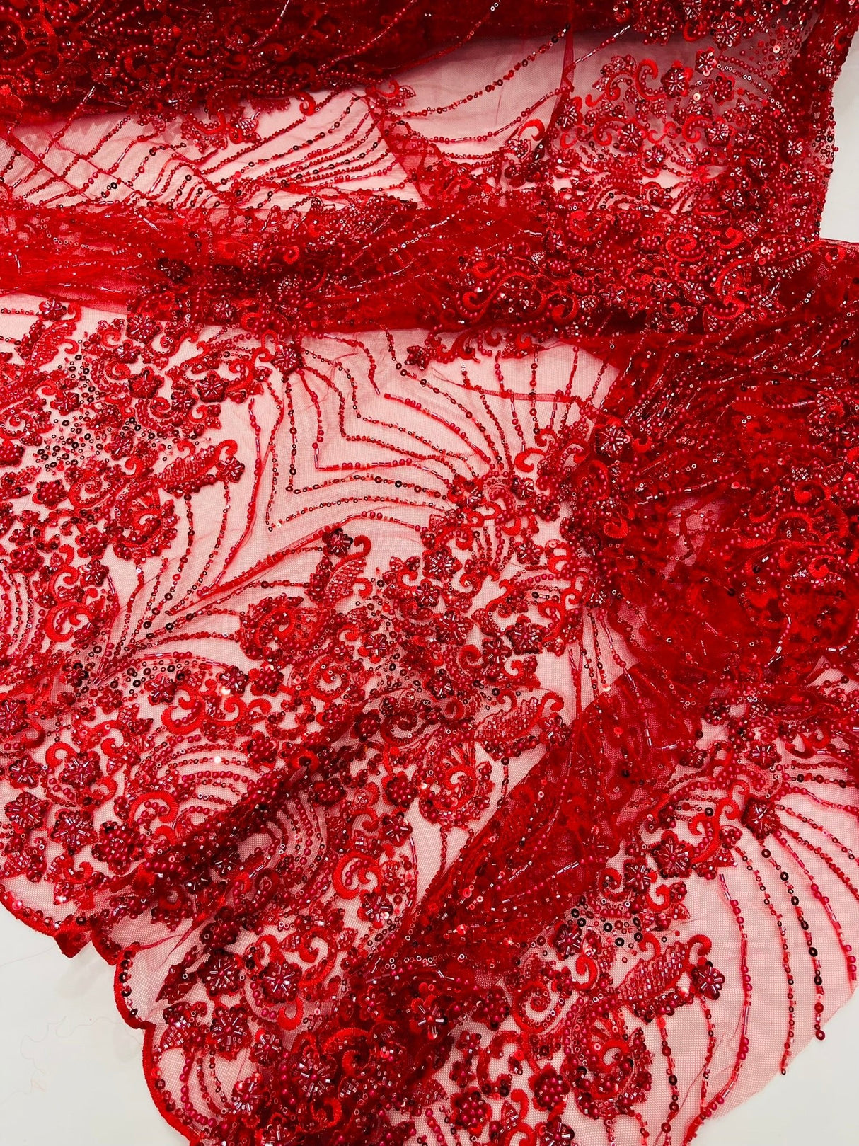 Royalty Damask Beaded Lace Fabric - Damask Pattern, Beaded Mesh, 54" Width (1 Yard)