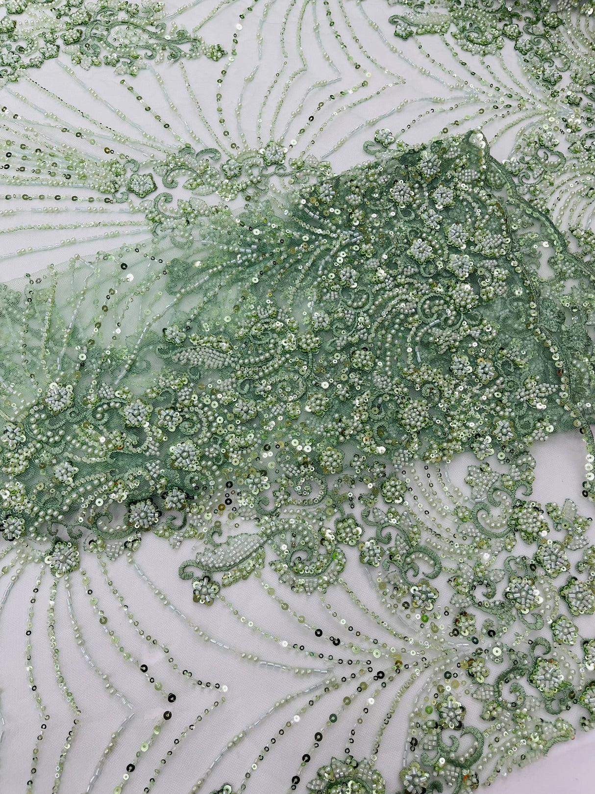 Royalty Damask Beaded Lace Fabric - Damask Pattern, Beaded Mesh, 54" Width (1 Yard)