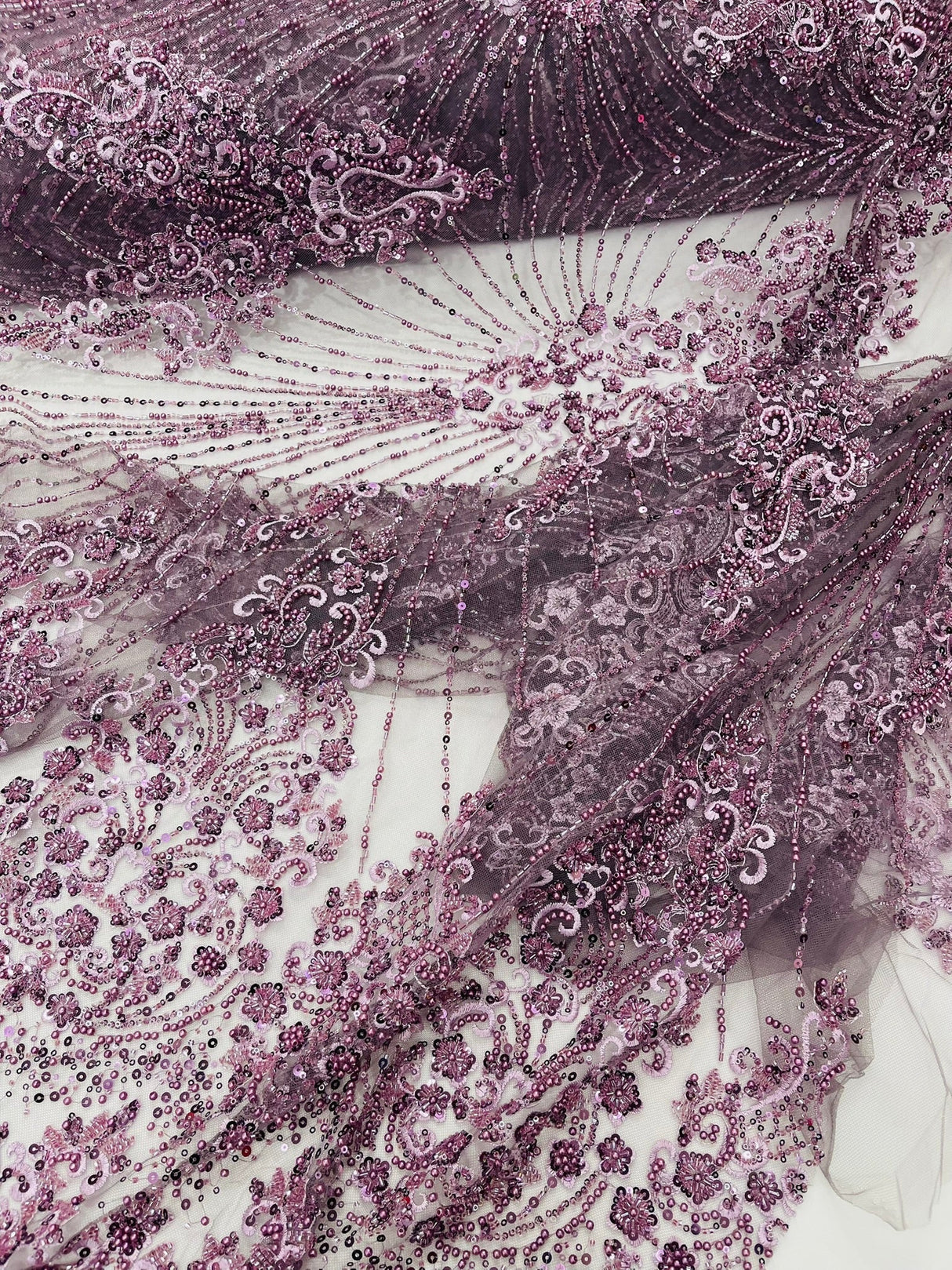 Royalty Damask Beaded Lace Fabric - Damask Pattern, Beaded Mesh, 54" Width (1 Yard)
