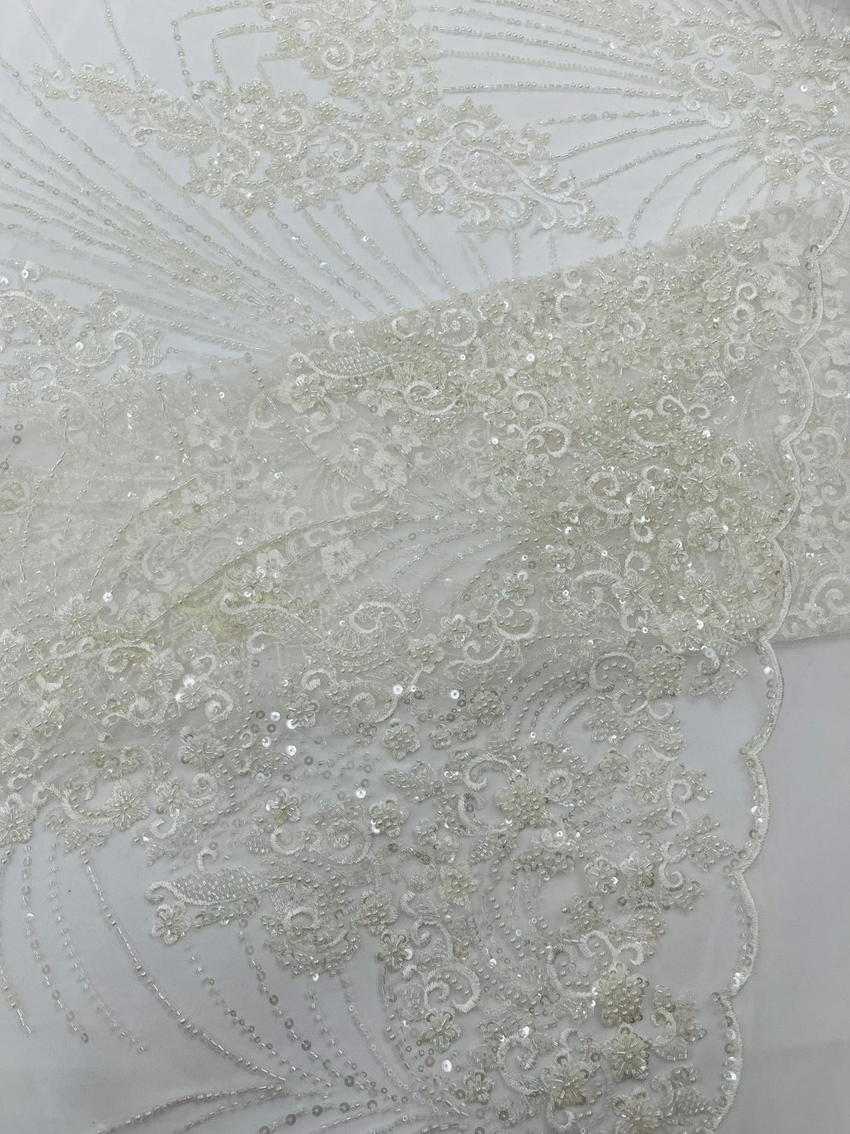 Royalty Damask Beaded Lace Fabric - Damask Pattern, Beaded Mesh, 54" Width (1 Yard)