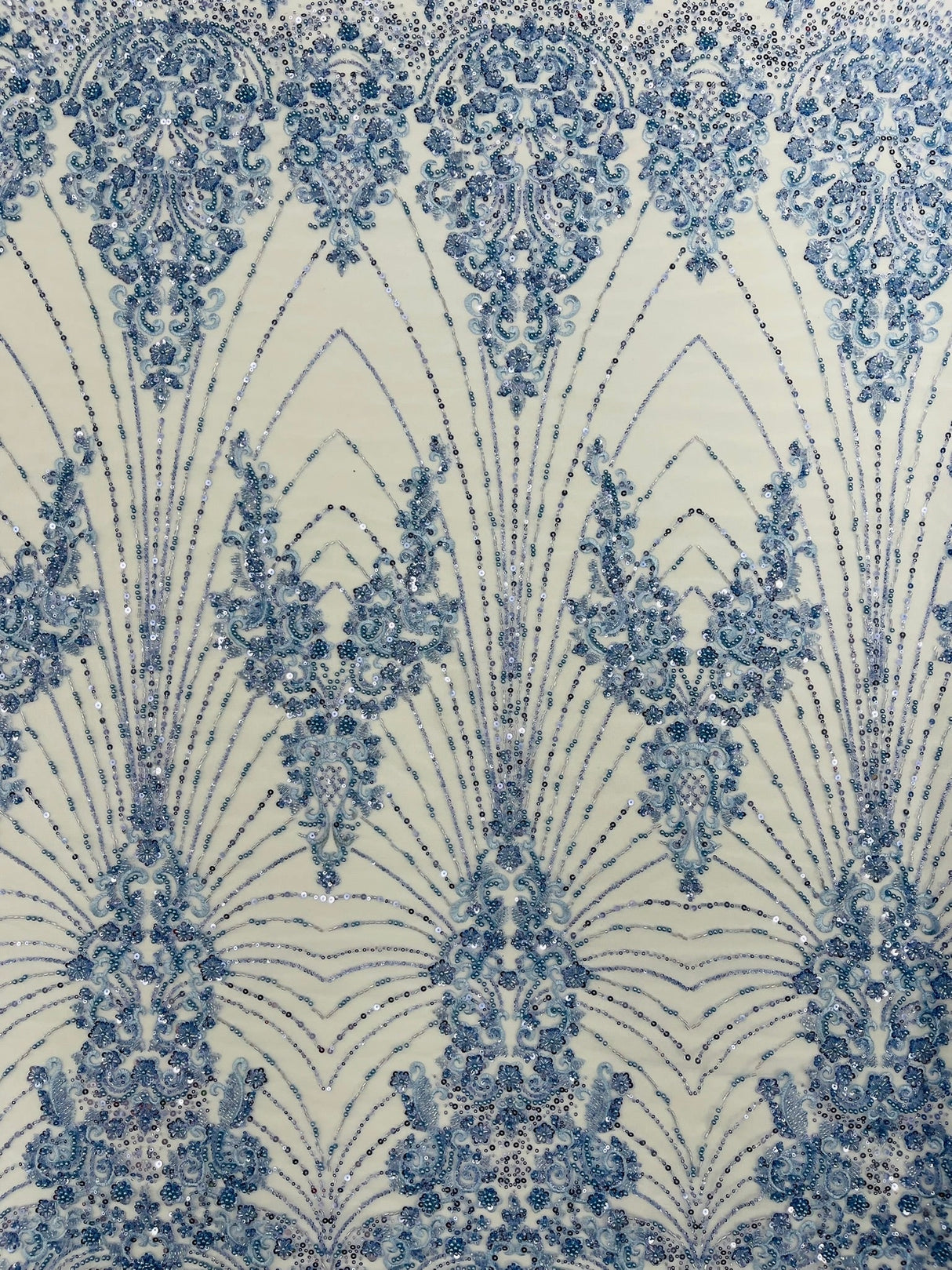 Royalty Damask Beaded Lace Fabric - Damask Pattern, Beaded Mesh, 54" Width (1 Yard)