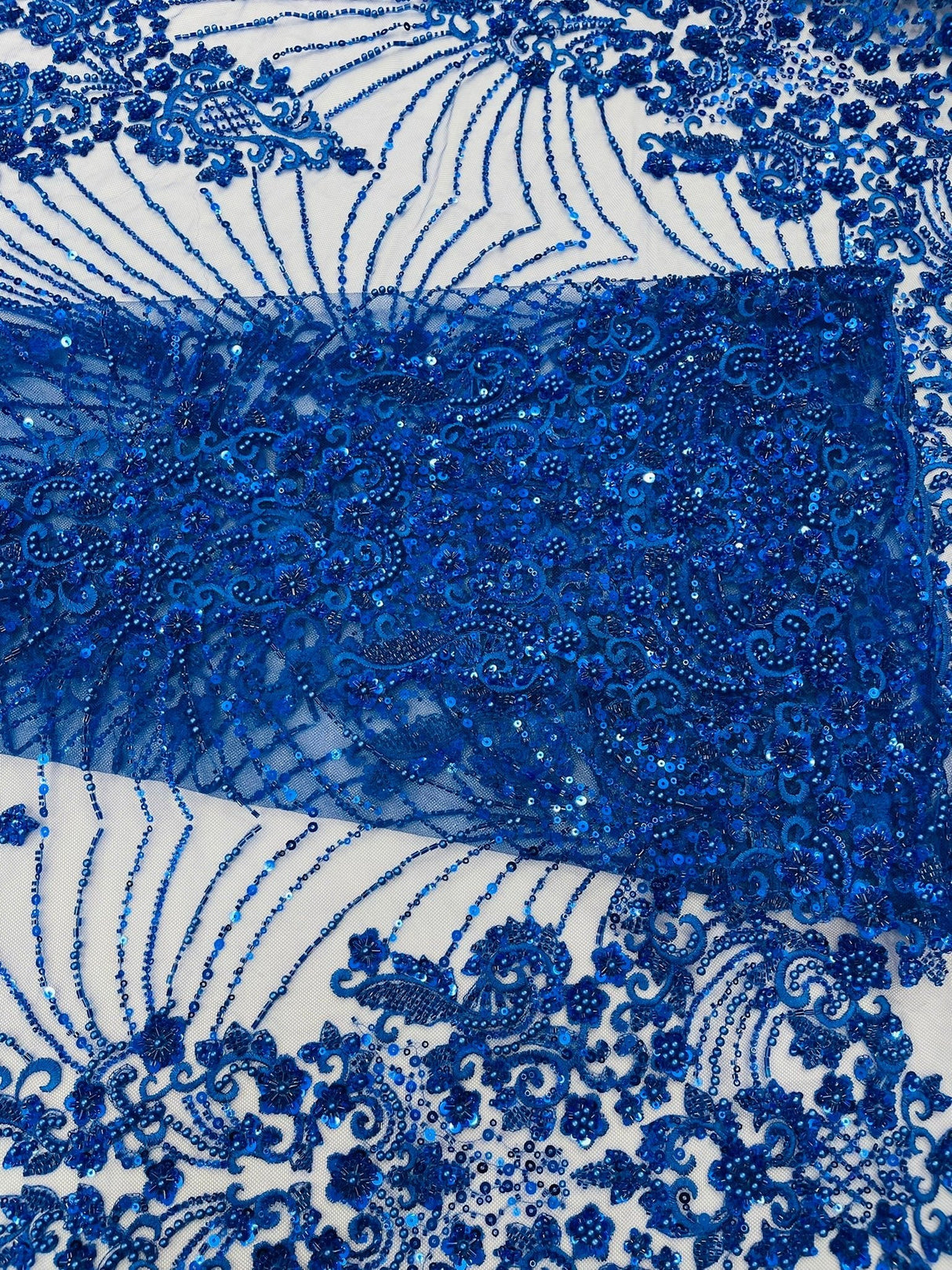 Royalty Damask Beaded Lace Fabric - Damask Pattern, Beaded Mesh, 54" Width (1 Yard)