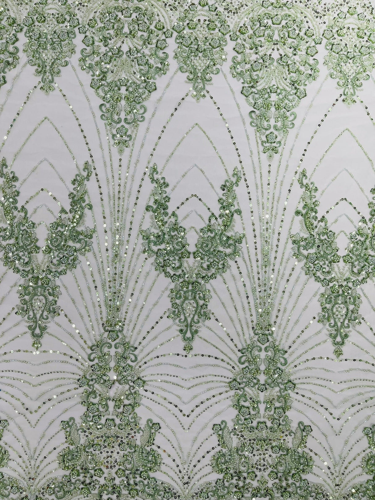 Royalty Damask Beaded Lace Fabric - Damask Pattern, Beaded Mesh, 54" Width (1 Yard)