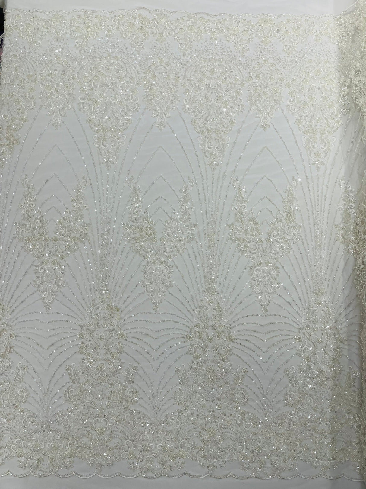 Royalty Damask Beaded Lace Fabric - Damask Pattern, Beaded Mesh, 54" Width (1 Yard)