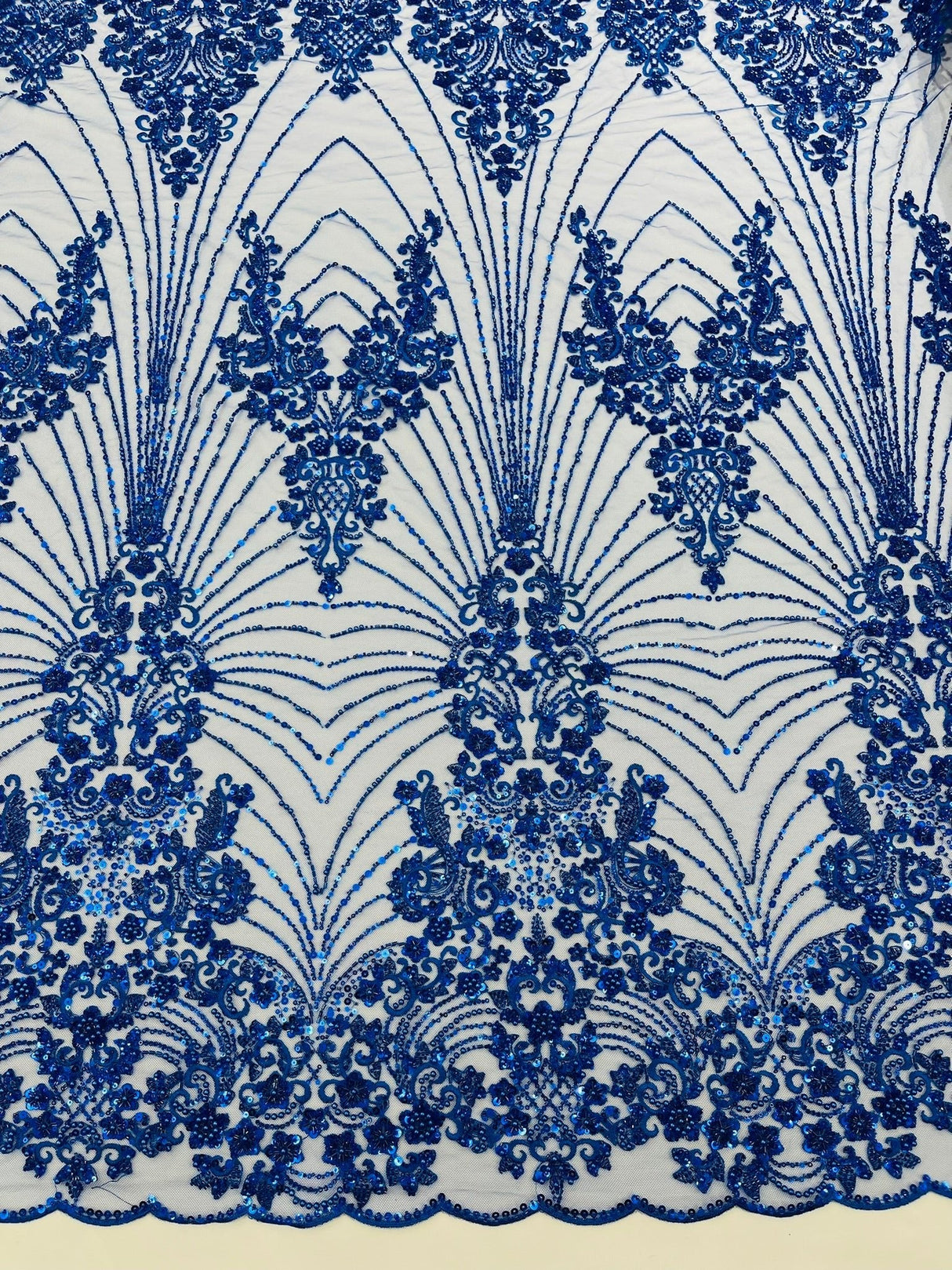 Royalty Damask Beaded Lace Fabric - Damask Pattern, Beaded Mesh, 54" Width (1 Yard)