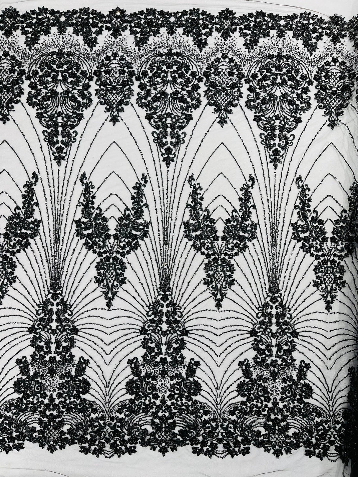 Royalty Damask Beaded Lace Fabric - Damask Pattern, Beaded Mesh, 54" Width (1 Yard)