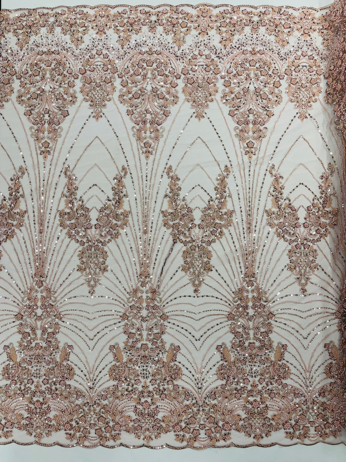 Royalty Damask Beaded Lace Fabric - Damask Pattern, Beaded Mesh, 54" Width (1 Yard)