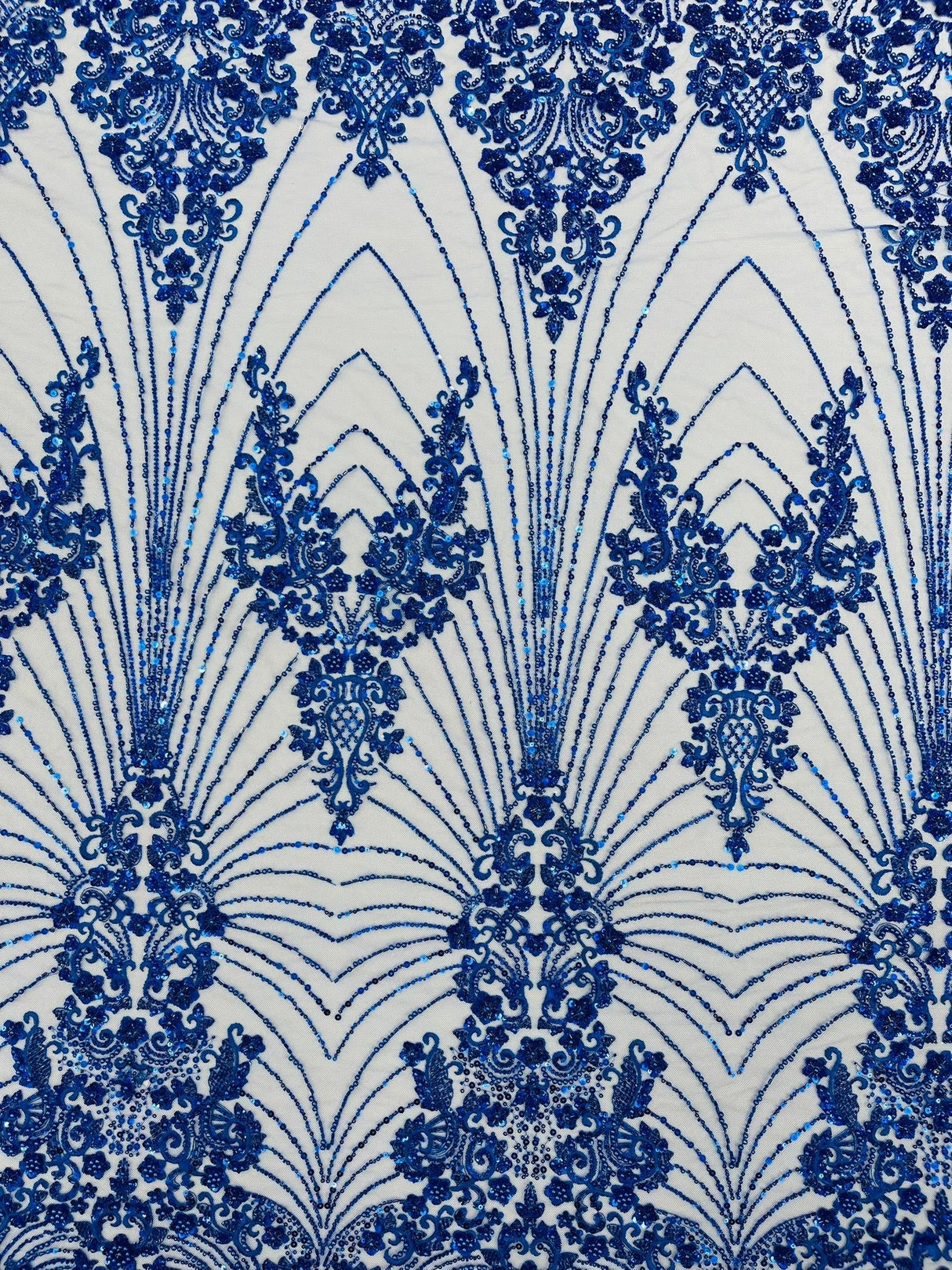Royalty Damask Beaded Lace Fabric - Damask Pattern, Beaded Mesh, 54" Width (1 Yard)
