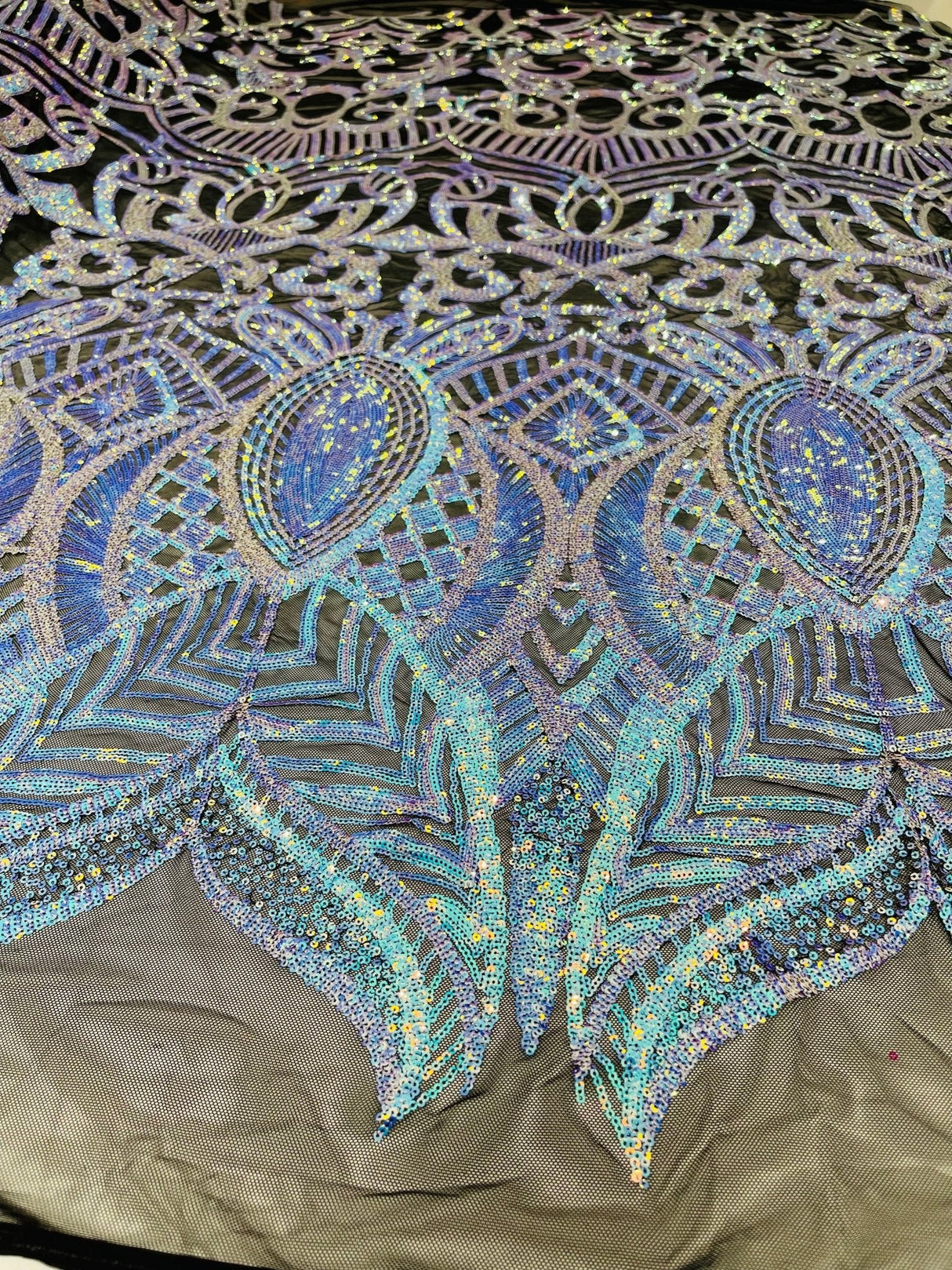 Royalty Sequin Damask 4 Way Stretch Mesh Fabric - Iridescent Sequin Damask, 54" Width (1 Yard)