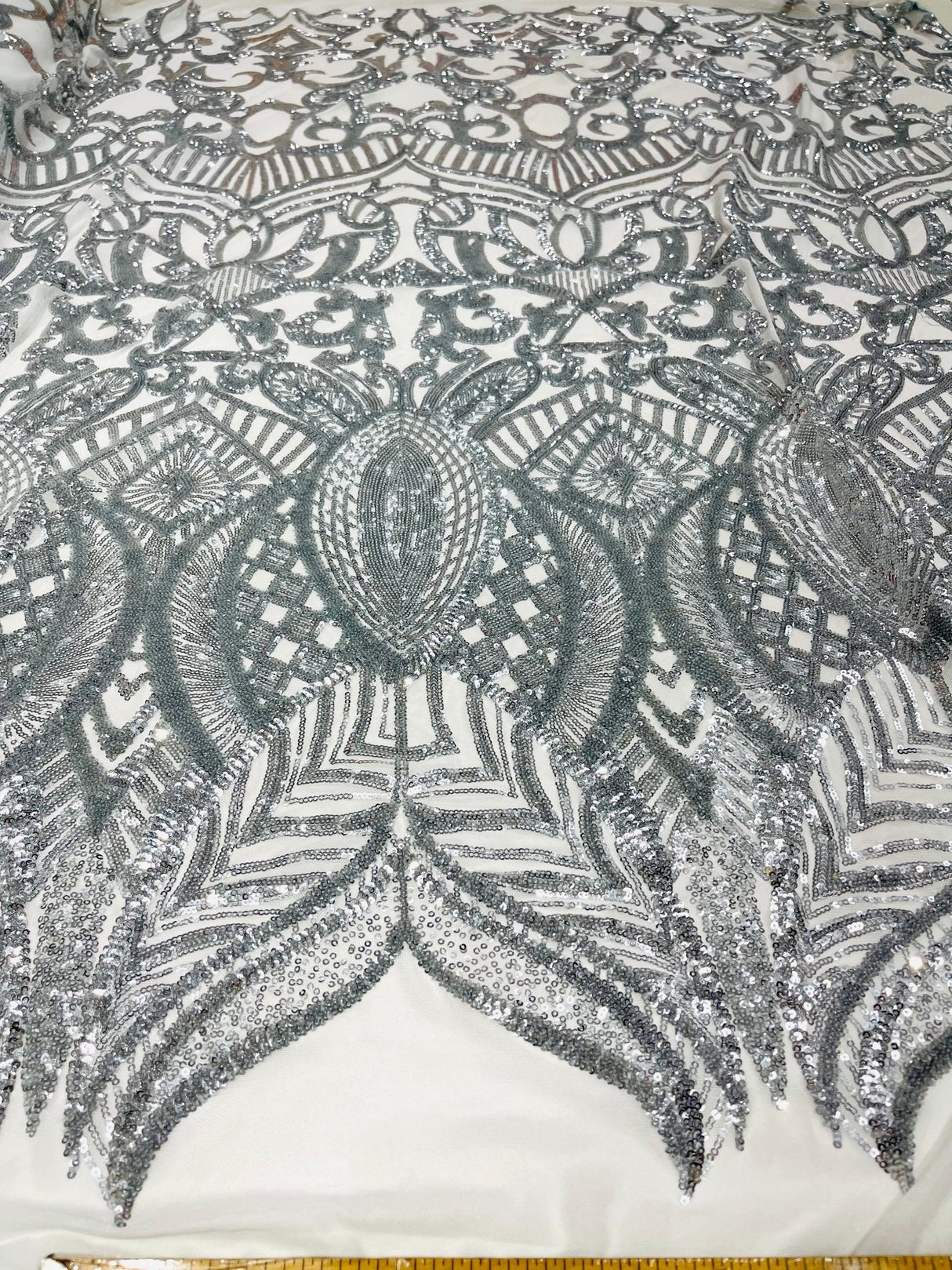 Royalty Sequin Damask 4 Way Stretch Mesh Fabric - Iridescent Sequin Damask, 54" Width (1 Yard)