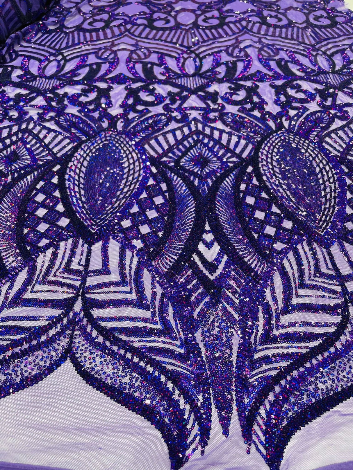 Royalty Sequin Damask 4 Way Stretch Mesh Fabric - Iridescent Sequin Damask, 54" Width (1 Yard)