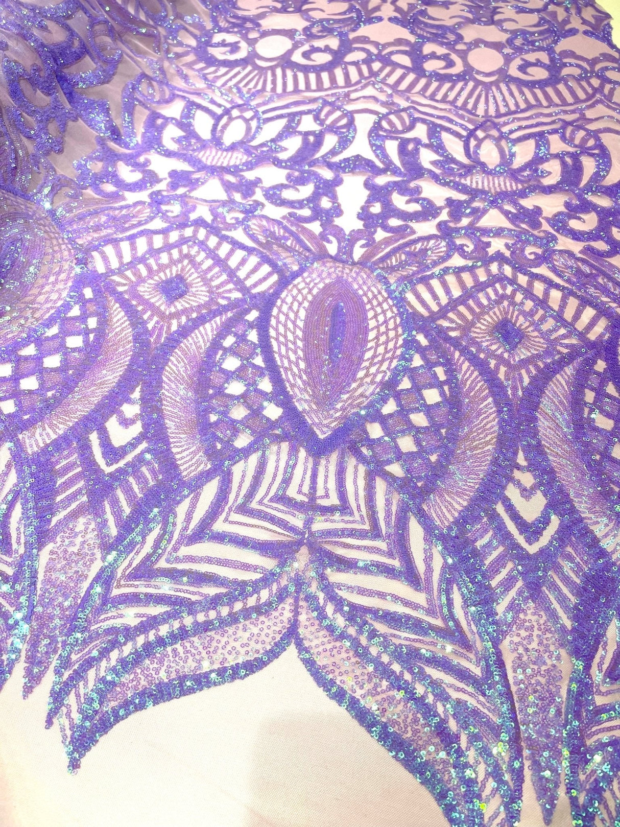 Royalty Sequin Damask 4 Way Stretch Mesh Fabric - Iridescent Sequin Damask, 54" Width (1 Yard)