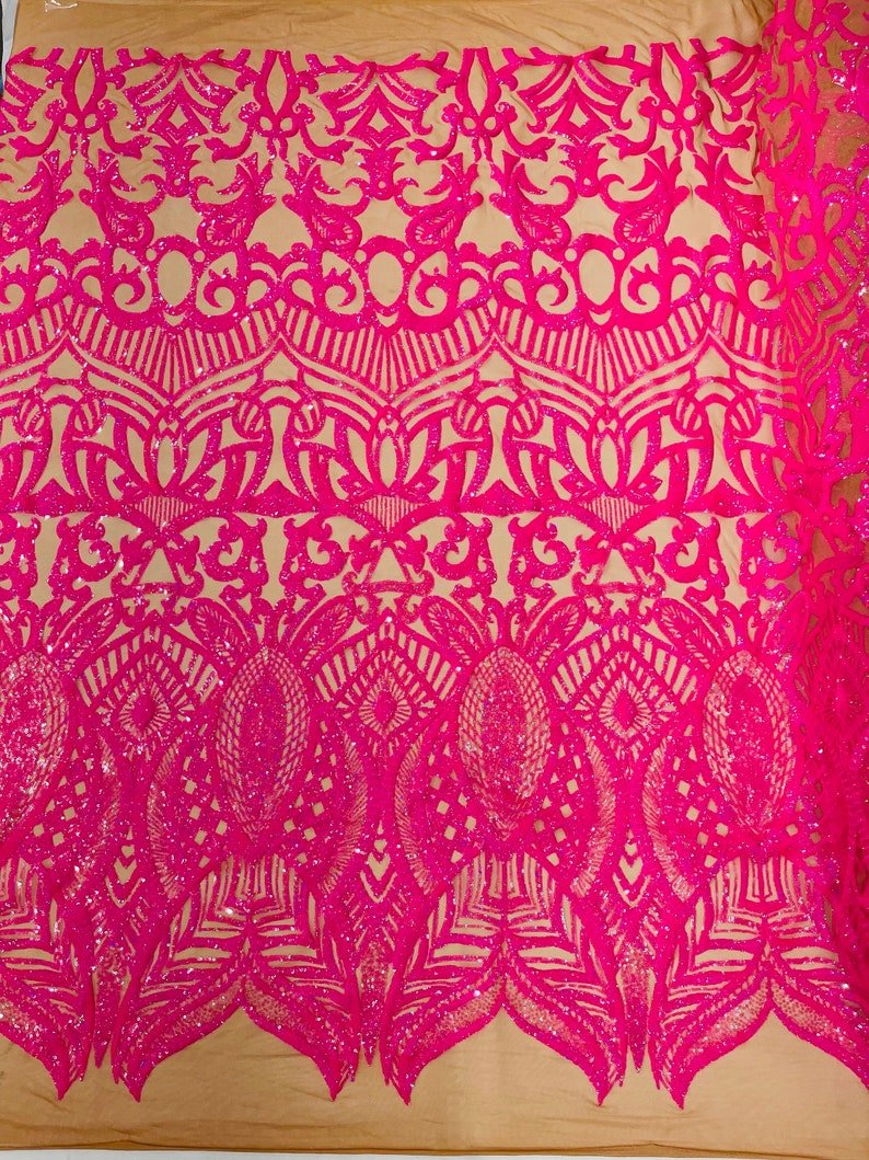 Royalty Sequin Damask 4 Way Stretch Mesh Fabric - Iridescent Sequin Damask, 54" Width (1 Yard)