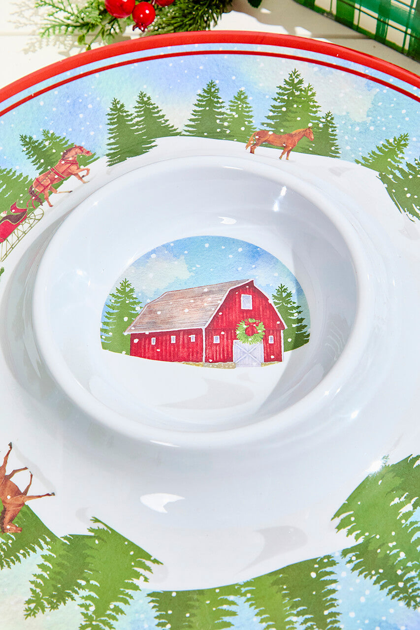 14.96" Melamine Holiday Barn Design Chip & Dip Plate