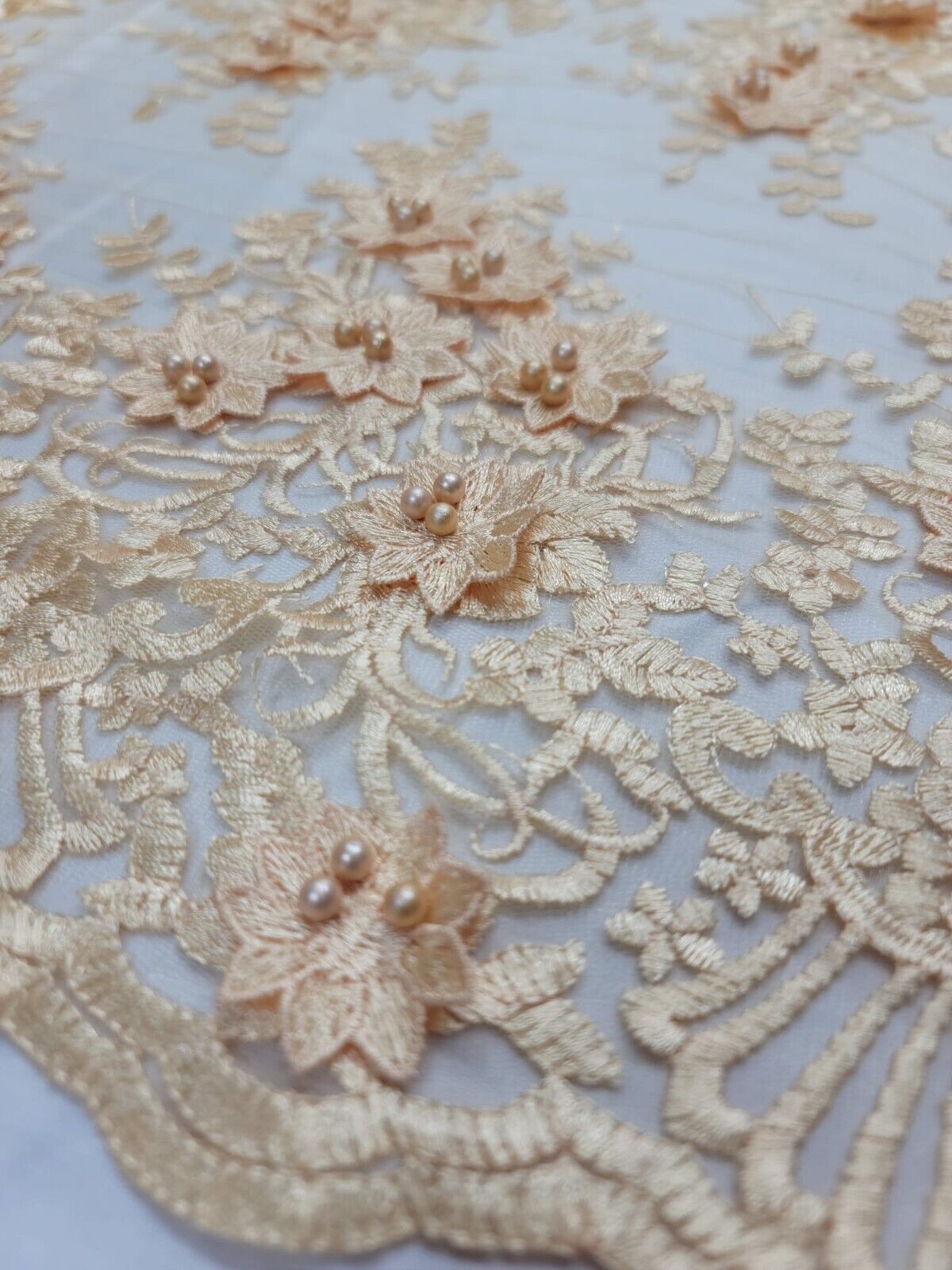 Beaded 3D Floral Lace Pale Yellow