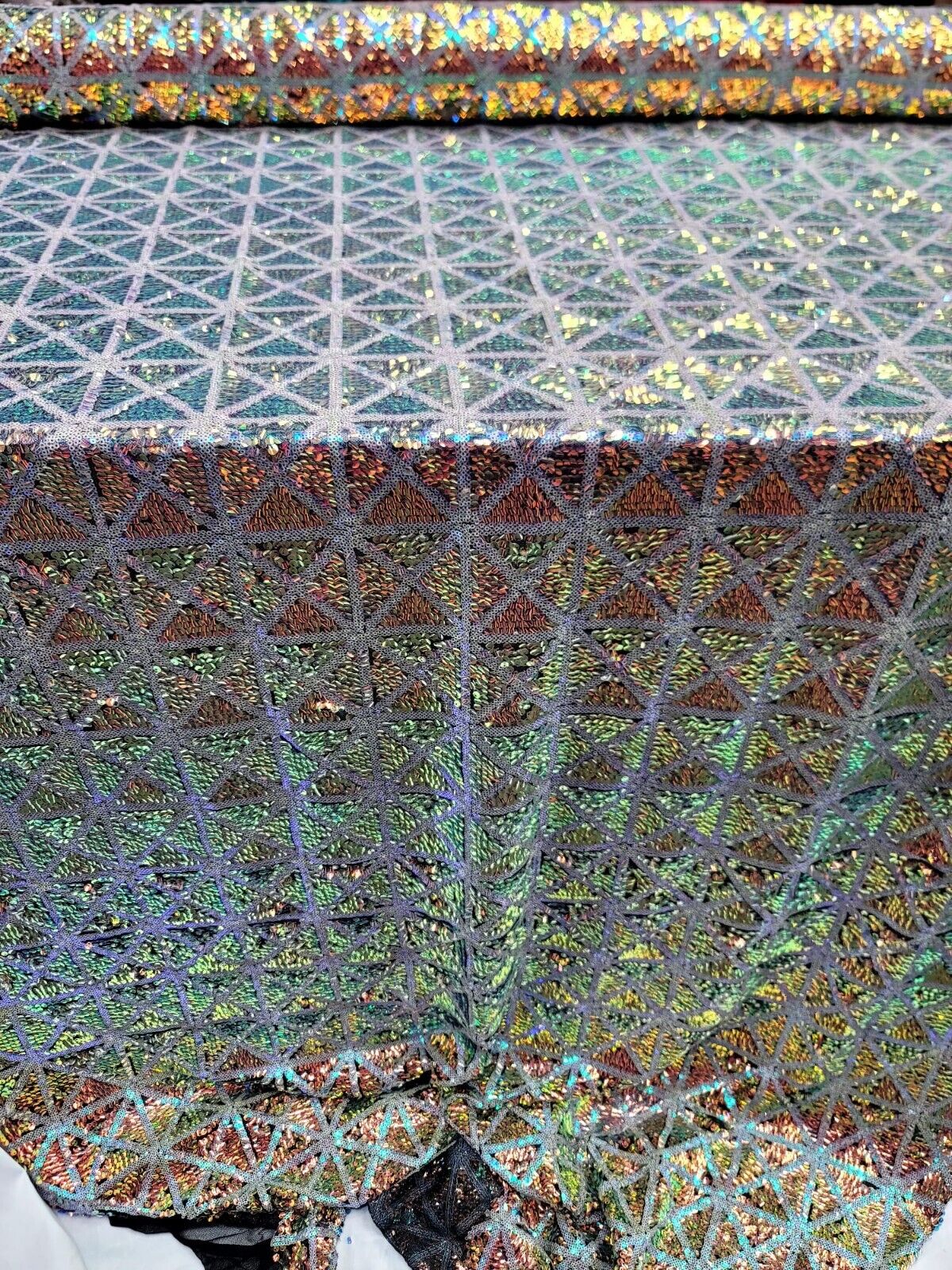 Sequin Stretch Mesh Fabric Green Blue Iridescent on Black