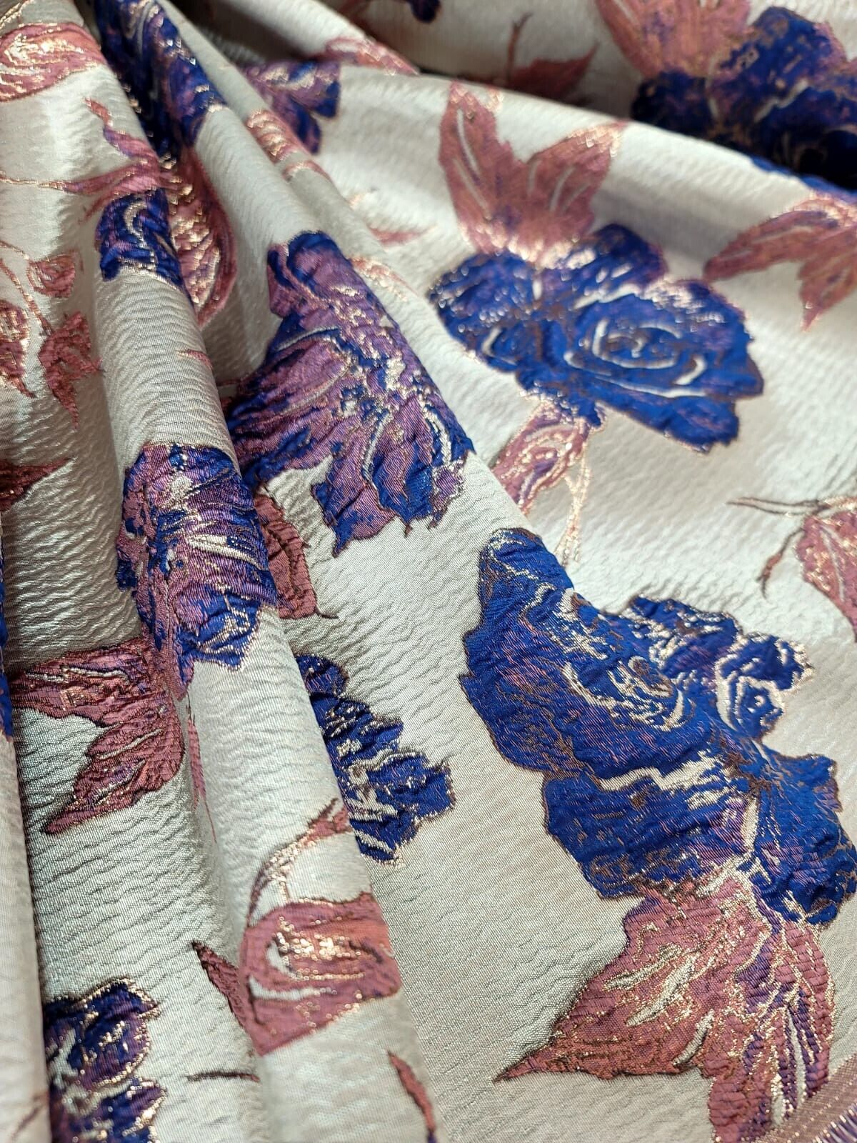 Brocade Jacquard Floral Metallic Fabric Royal Blue Pink