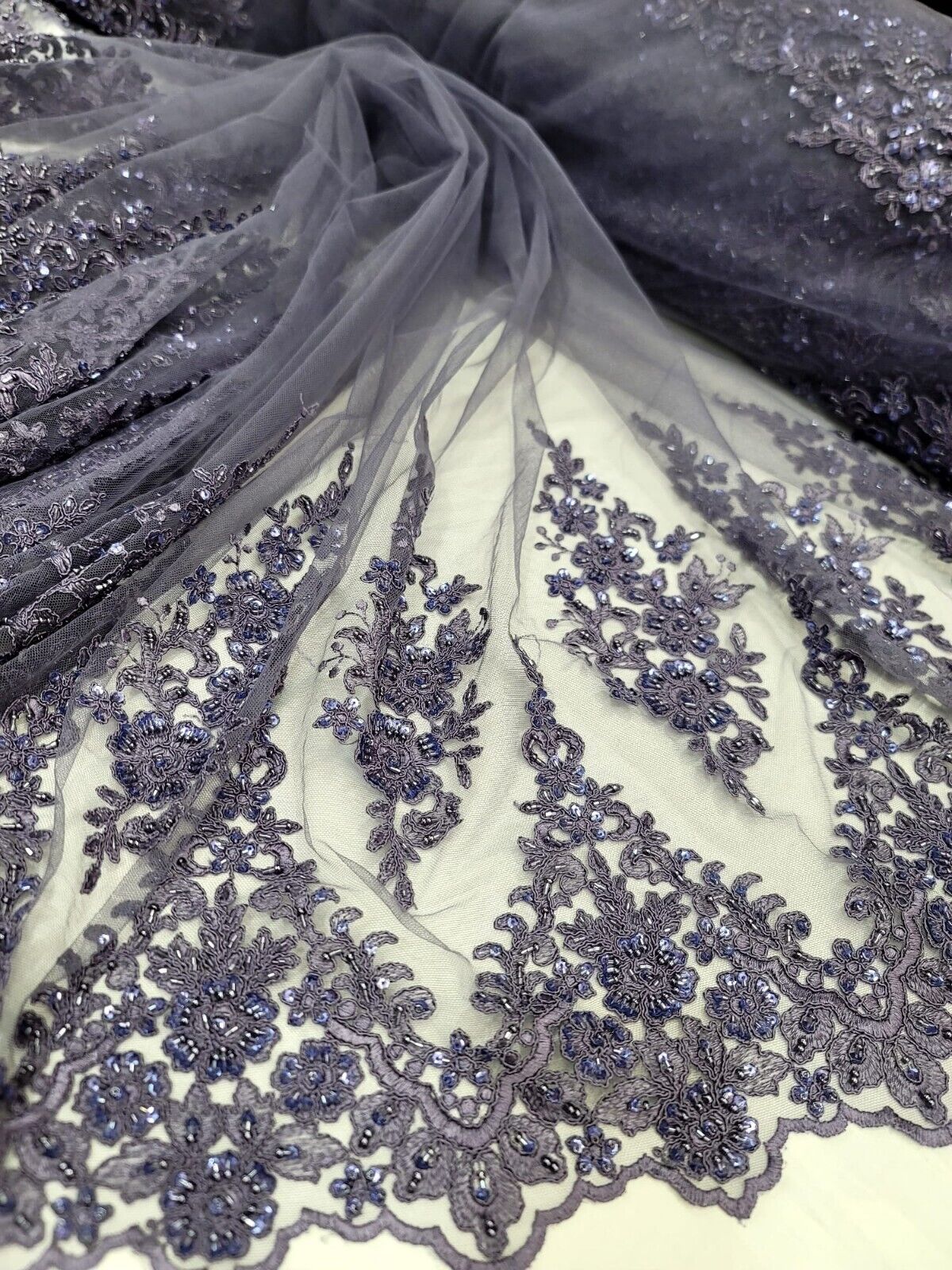 Beaded Embroidered Lace Fabric Purple Violet Edges
