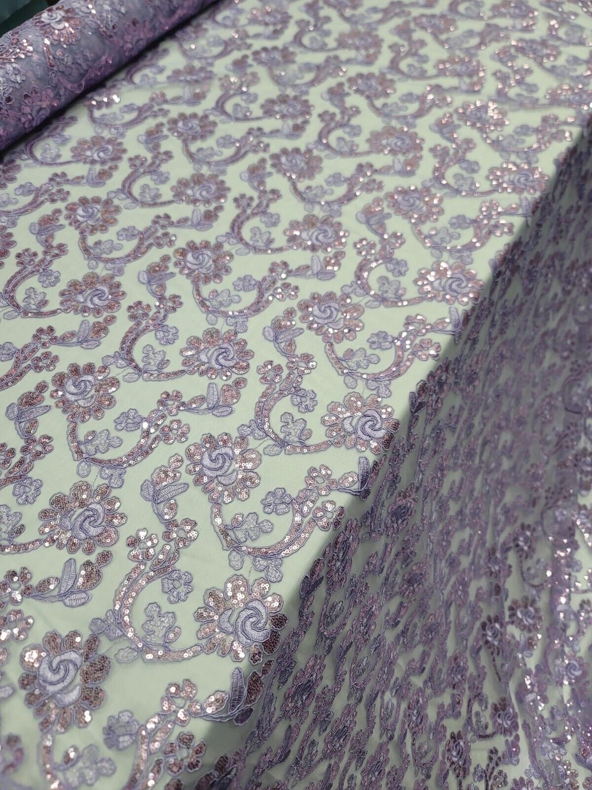 Embroidered Floral Lace Mesh Fabric Lavender