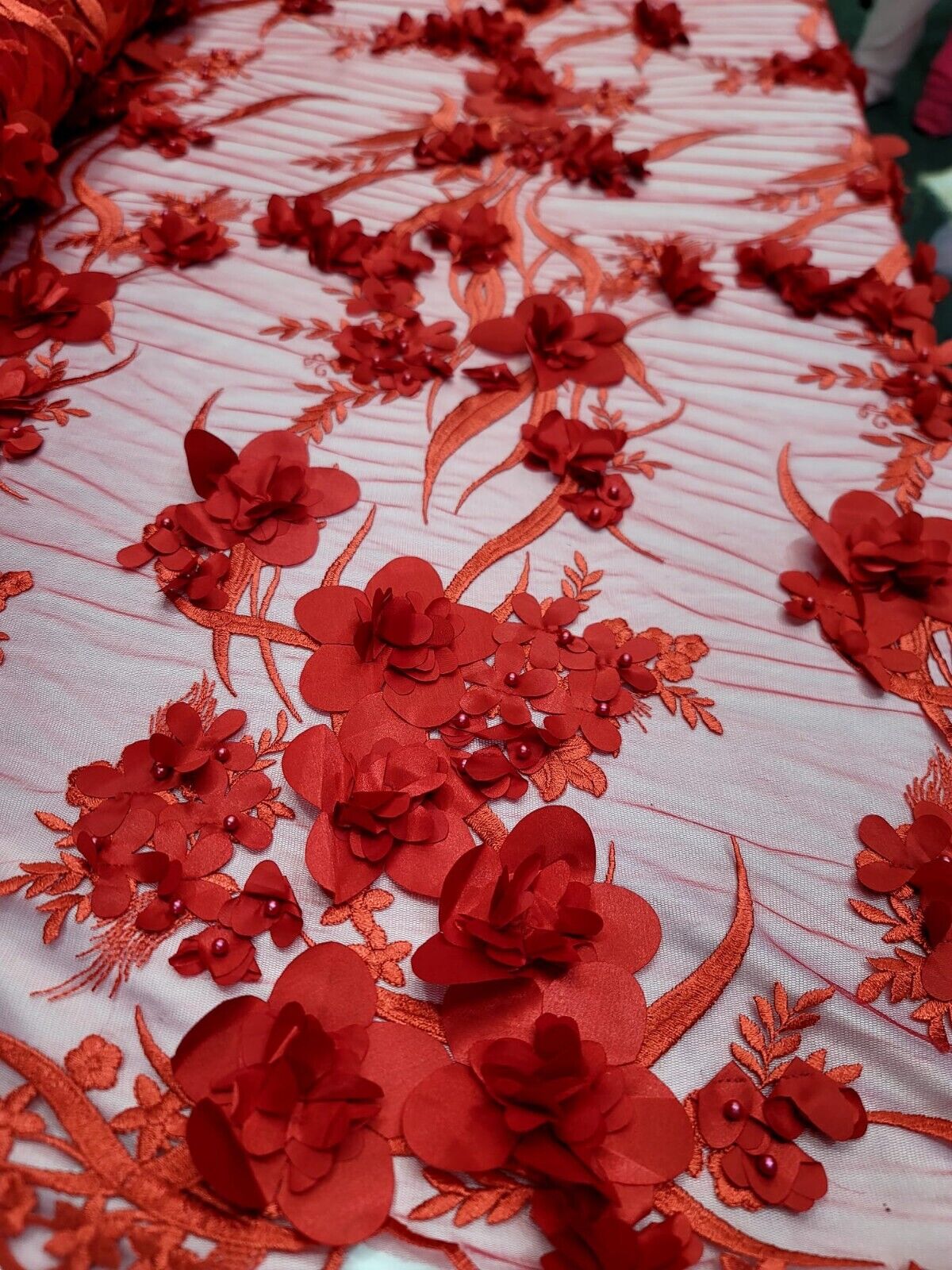 Red 3D Floral Embroidered Pearl Mesh Lace