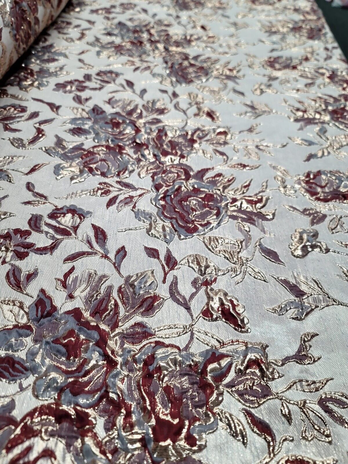 Burgundy Metallic Brocade Floral Fabric