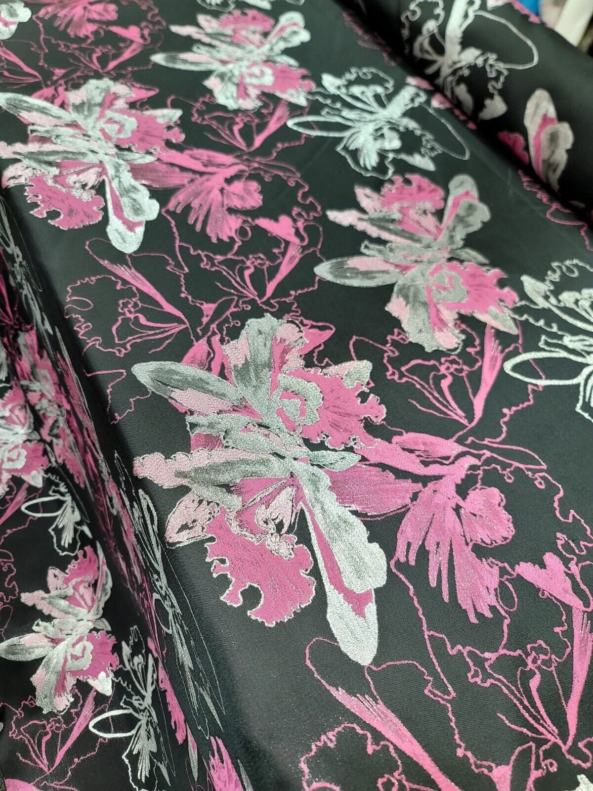Brocade Jacquard Floral Fabric Pink Fuchsia Silver Black