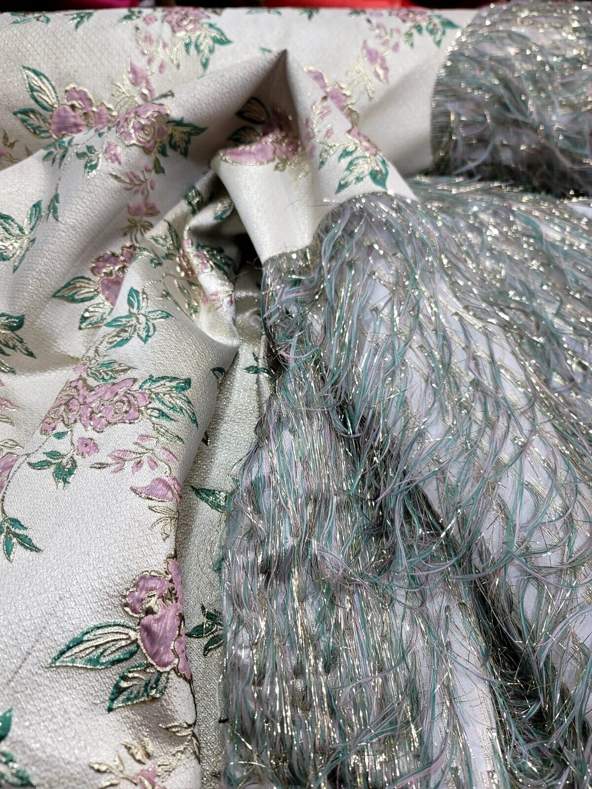 Brocade Jacquard Metallic Eyelash Fabric Sage Pink Gold
