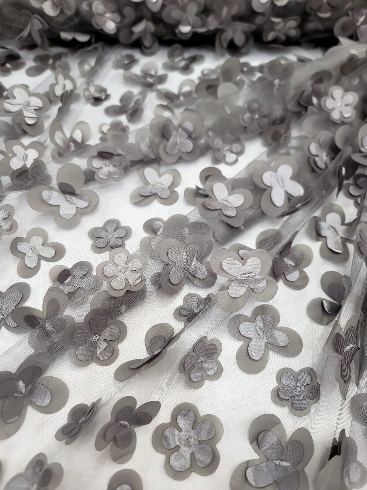 3D Floral Lace Gray Butterfly Fabric