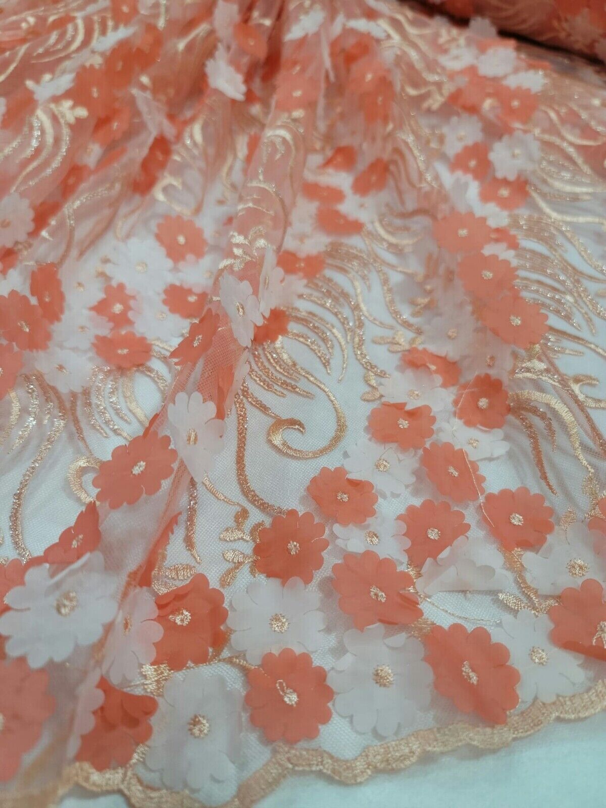 3D Floral Lace Coral Embroidery Sequin Fabric