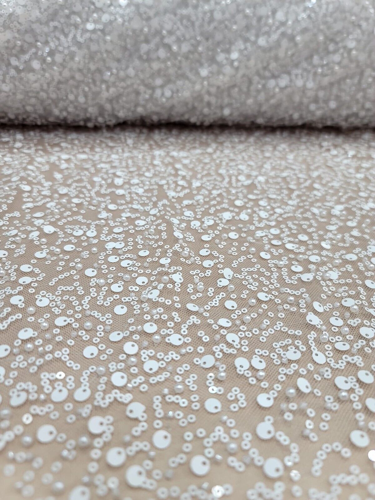 White Beaded Lace Fabric