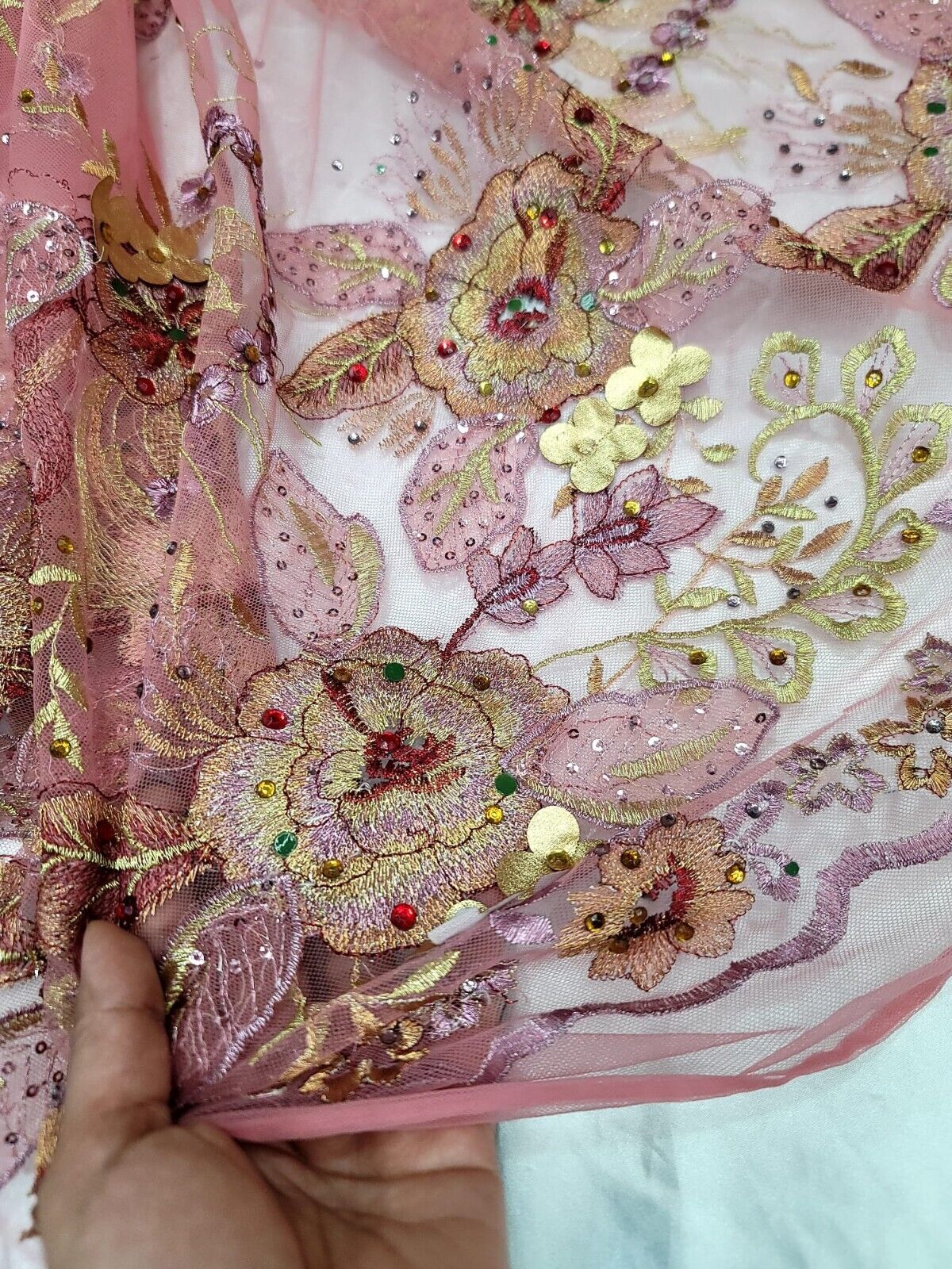 3D Floral Lace Fabric Coral Gold Rhinestone