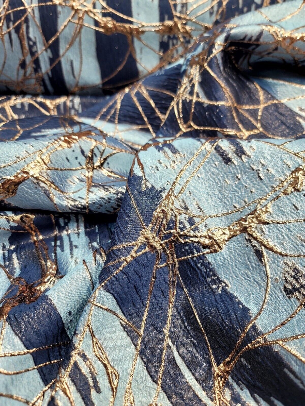 Brocade Jacquard Metallic Navy Blue Sky Blue Gold
