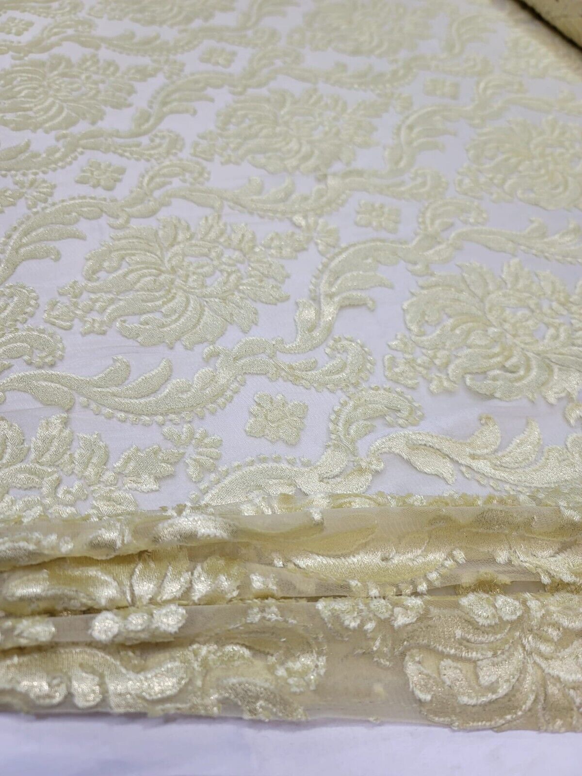 Embroidered Stretch Lace Fabric Sheer Floral Pale Yellow