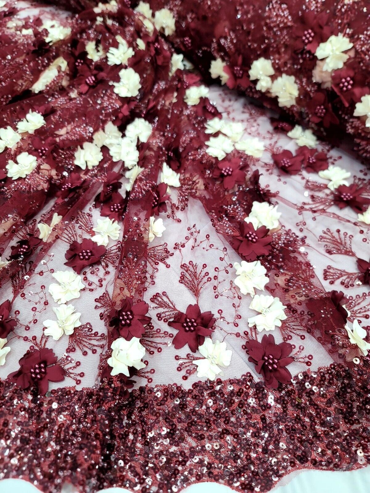 3D Floral Lace Burgundy Ivory Embroidered Mesh Fabric