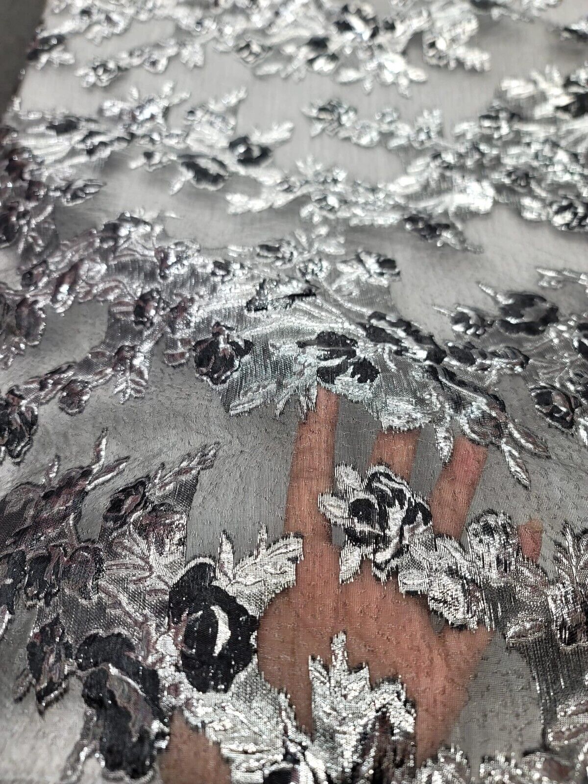 Metallic Silver Floral Brocade Fabric