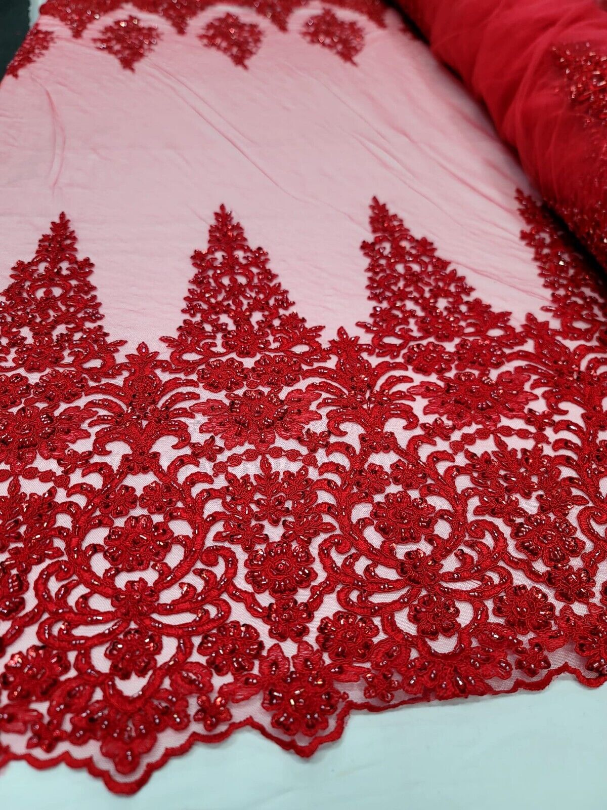 Beaded Embroidered Lace Fabric Red