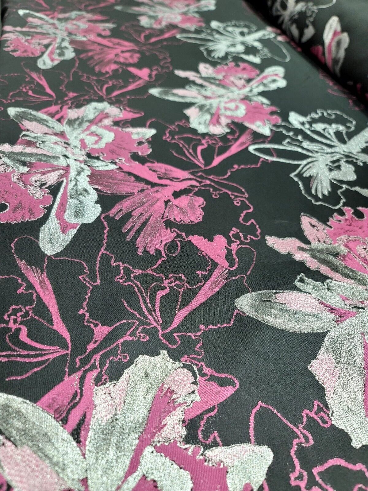 Brocade Jacquard Floral Fabric Pink Fuchsia Silver Black