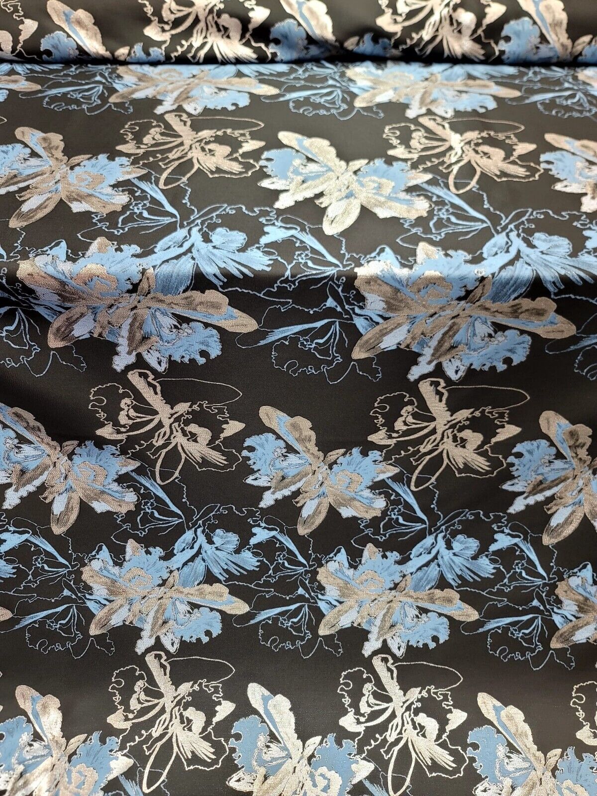 Brocade Jacquard Metallic Silver Blue Floral Black