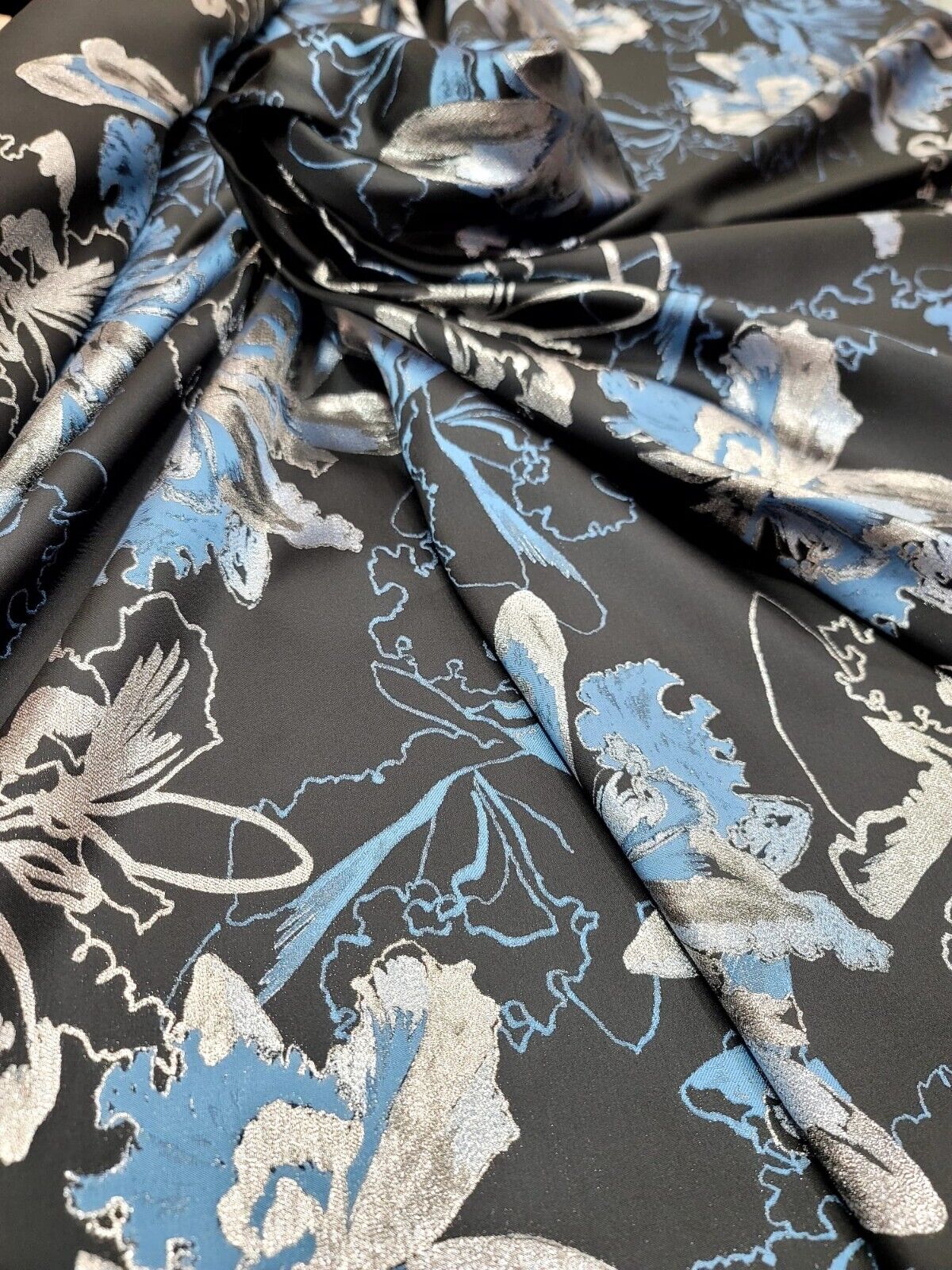 Brocade Jacquard Metallic Silver Blue Floral Black