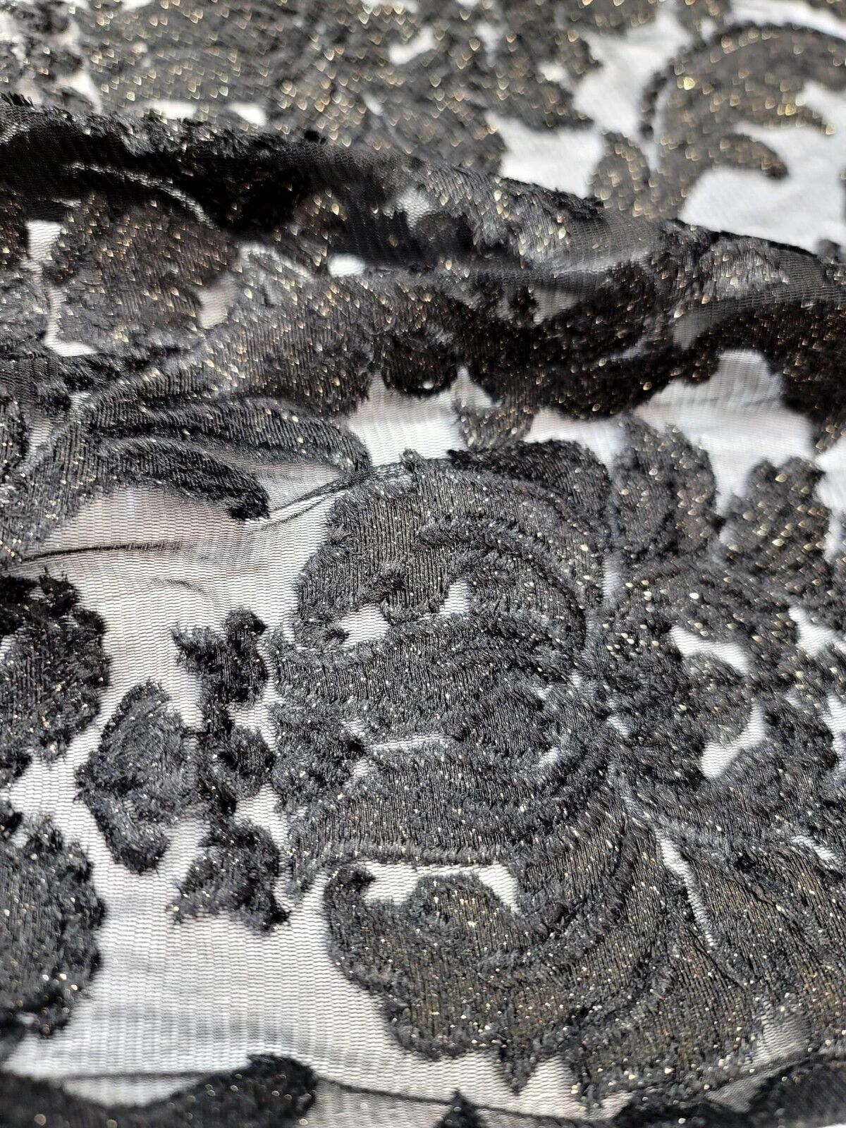 Embroidered Stretch Lace Fabric Black Gold Accent