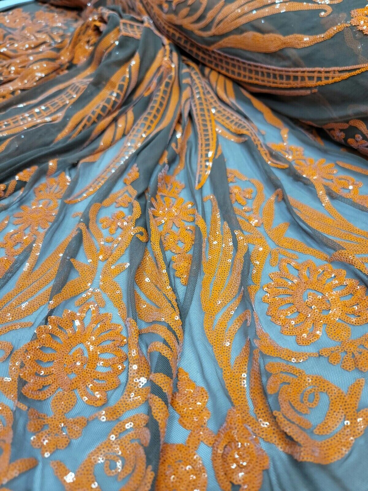 Orange Sequin Embroidered Lace Stretch Mesh Fabric