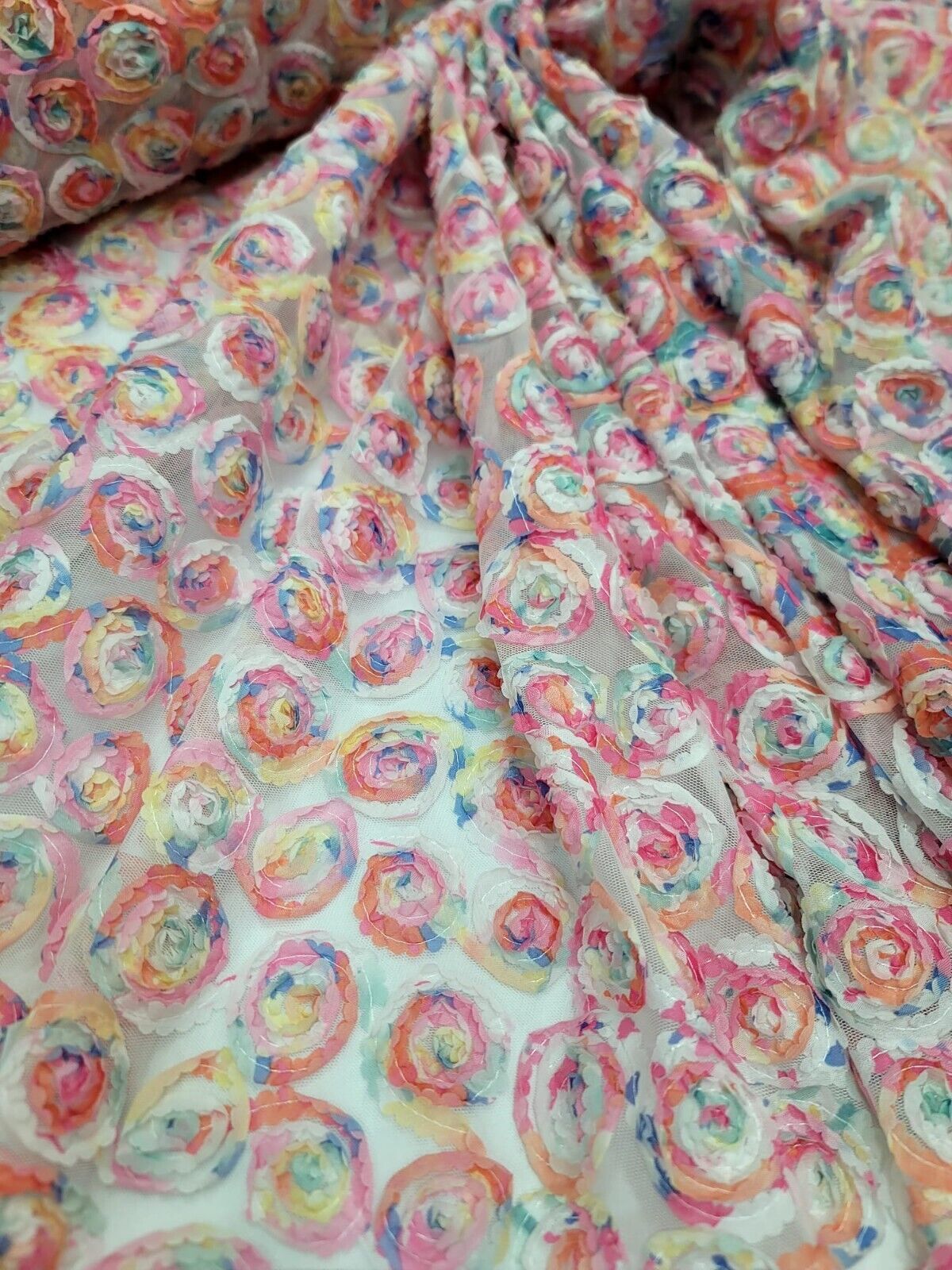 Embroidered Floral Mesh Lace White Pink