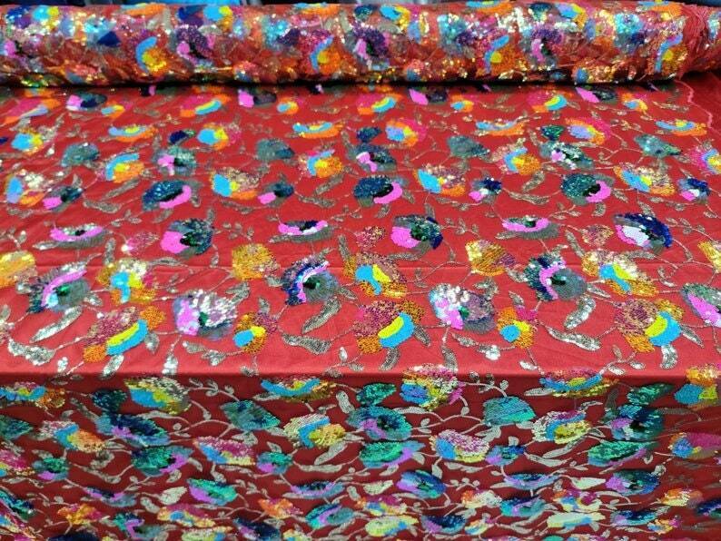 Sequin Lace Red Mesh Fabric