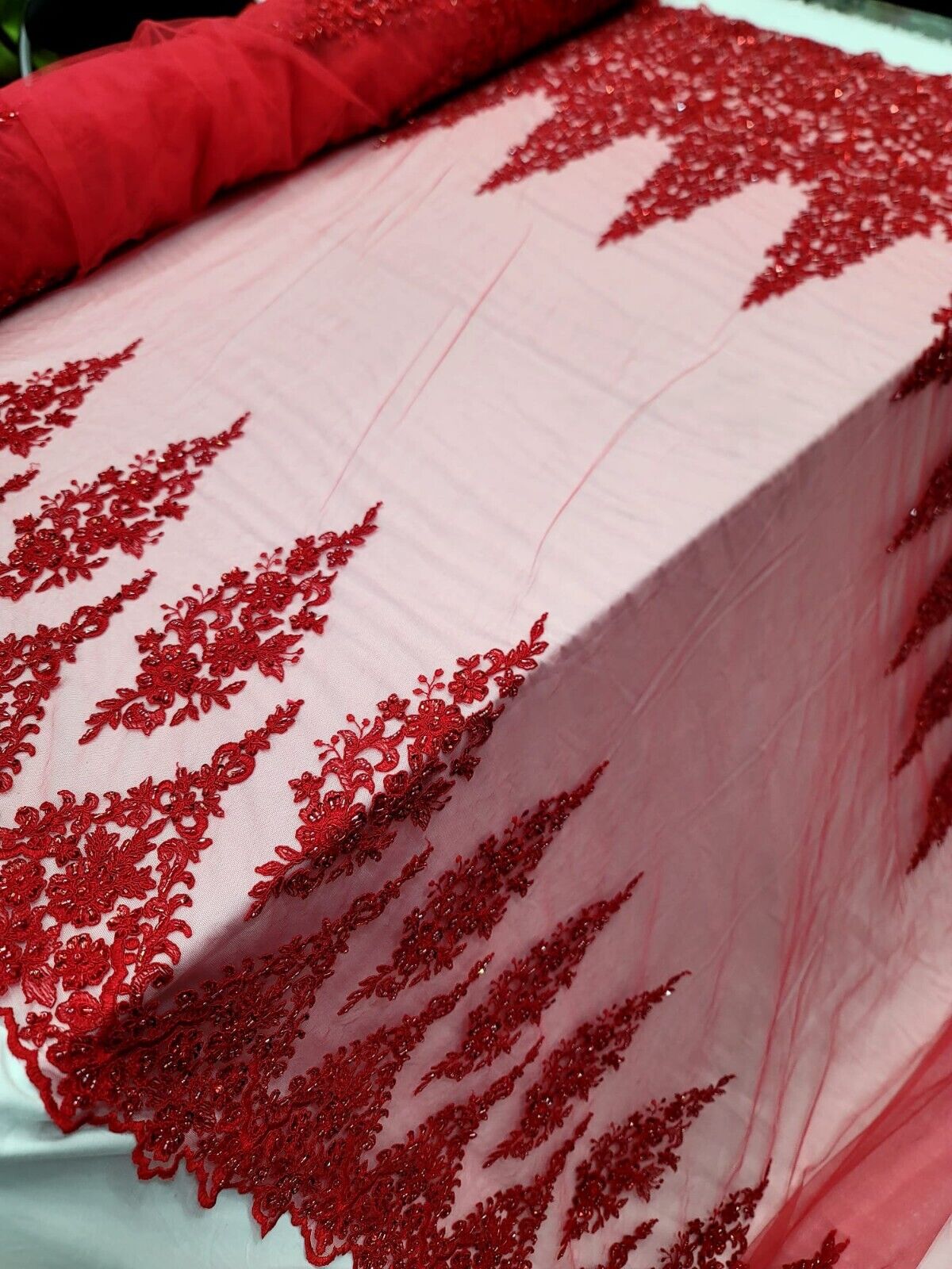 Beaded Embroidered Lace Fabric Red