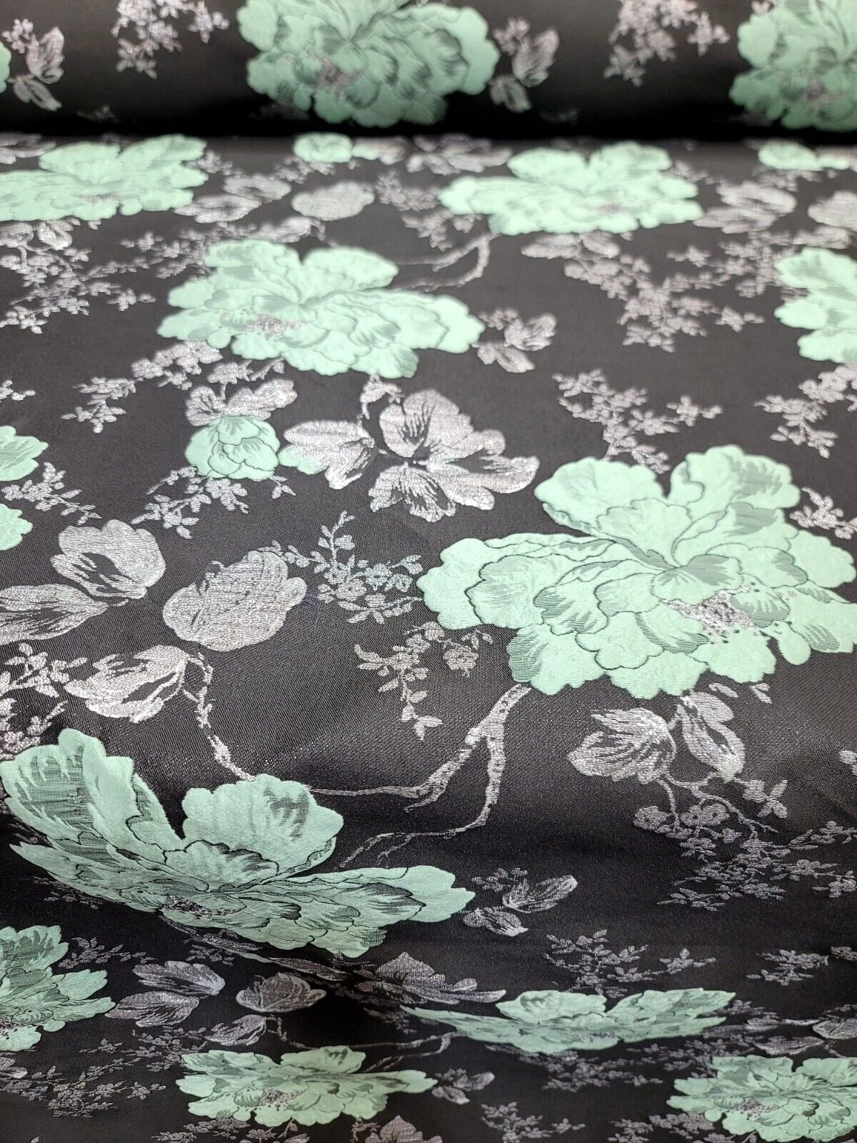 Brocade Jacquard Floral Fabric Sage Green Silver Black
